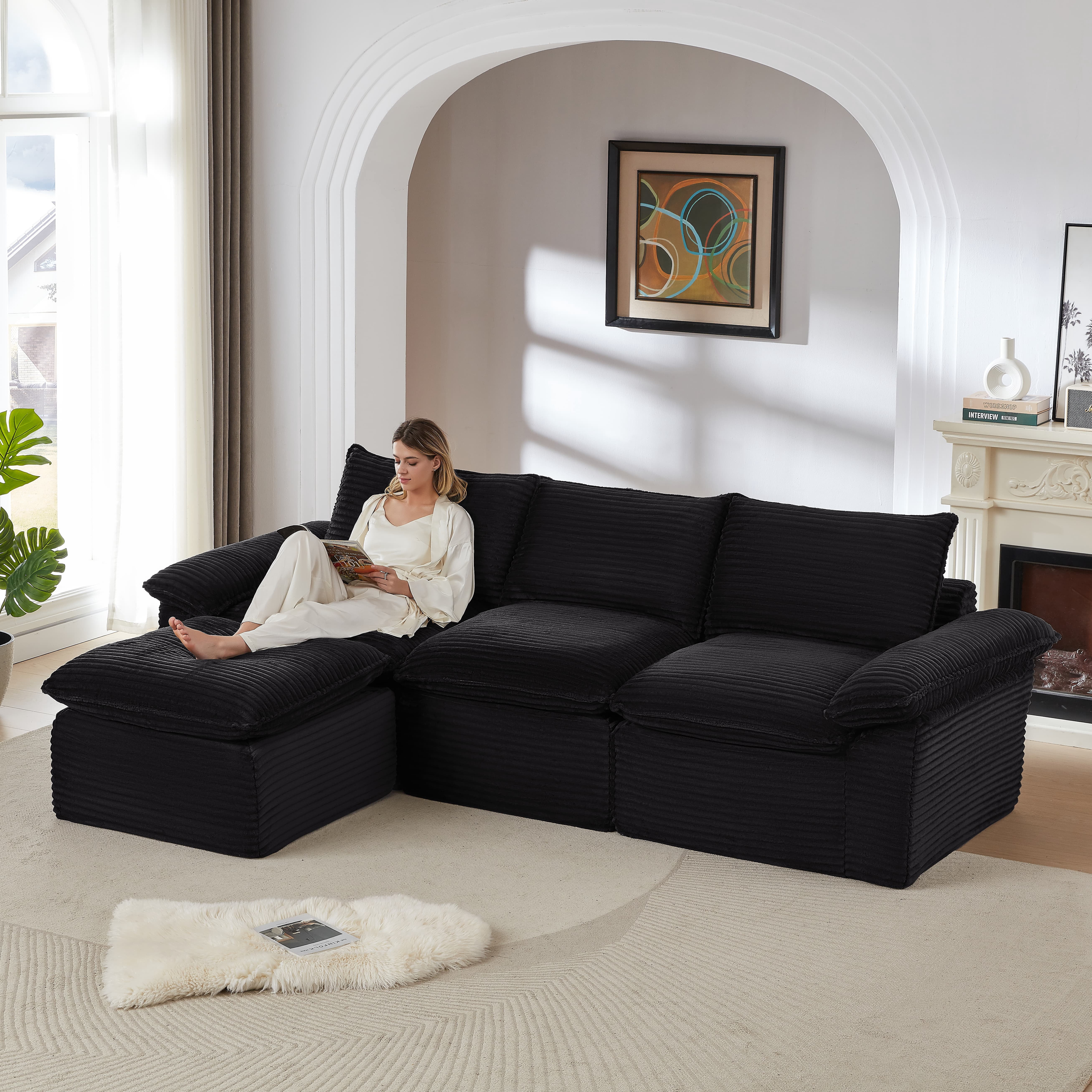 MAYEERTY Modern Modular Corduroy Sofa, Black Cloud-Soft Sectional Couch for Apartment