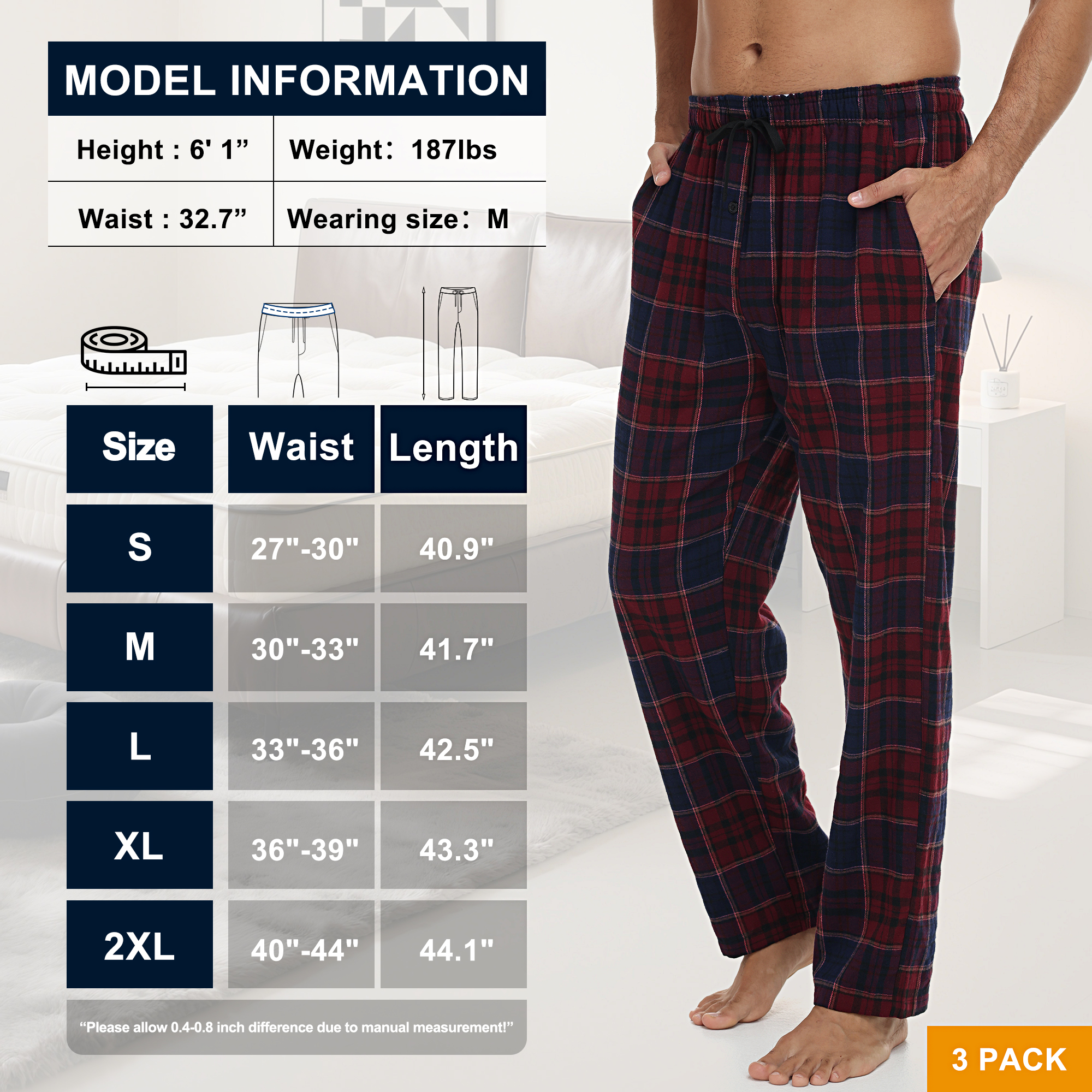 Xidunhg Men's Flannel Plaid Pajama Pants, 3-Pack photo 5