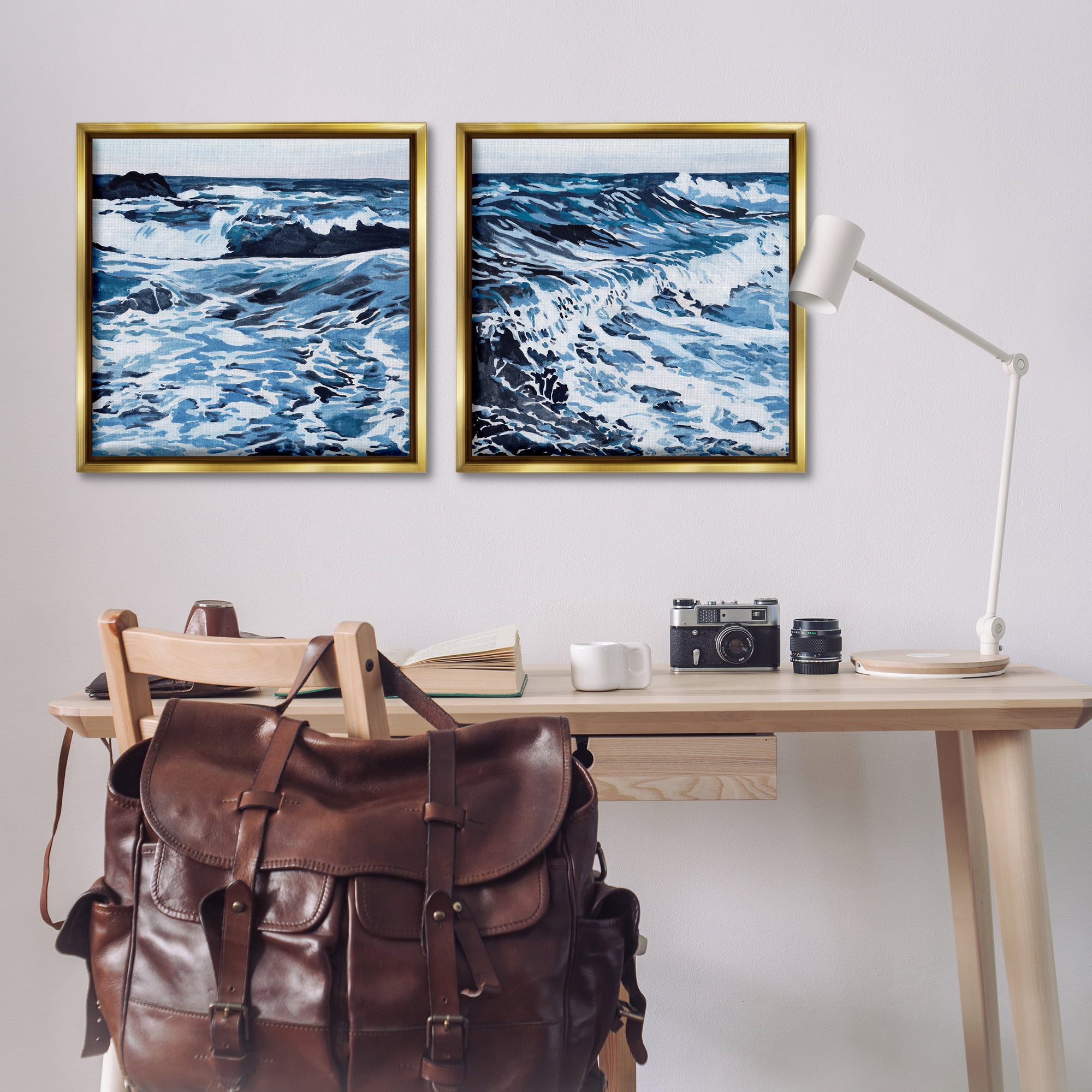 Stupell Industries Breaking Ocean Waves Nautical & Beach Painting Gold Floater Framed Canvas Art Print Wall Art, 25 x 25, Set of 2