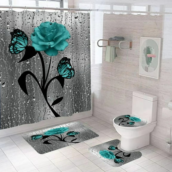 Teal Gray Rose Butterfly Shower Curtain Set Non-Slip Rug Toilet Cover Bath Mat Blue Floral Water Droplet Flower Bathroom Curtain