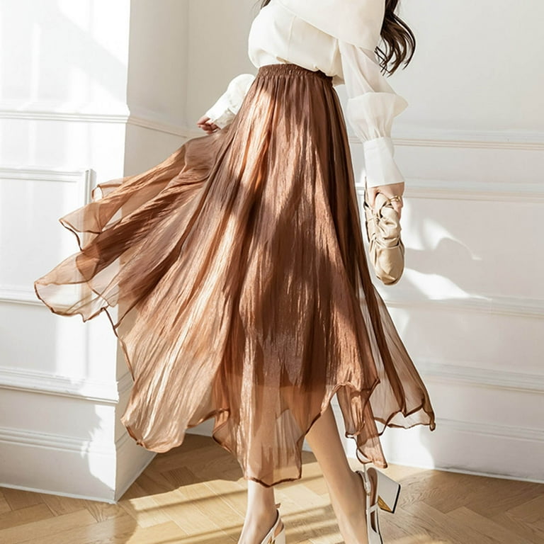Gzea A Line Skirts Women 2024 Long Satin Fall Skirt Elegant High Waist Cocktail Party Wedding Flared A Line Midi Skirts Coffee M