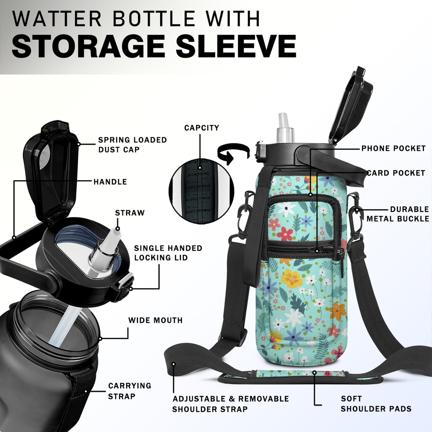 Boho Wildflowers 64 Oz Half Gallon Water Bottle with Sleeve - BPA Free Leakproof Sport Large Plastic Water Bottle with Straw &Time Marker&Insulated Neoprene Holder Carrier Bag Gift for Women Men