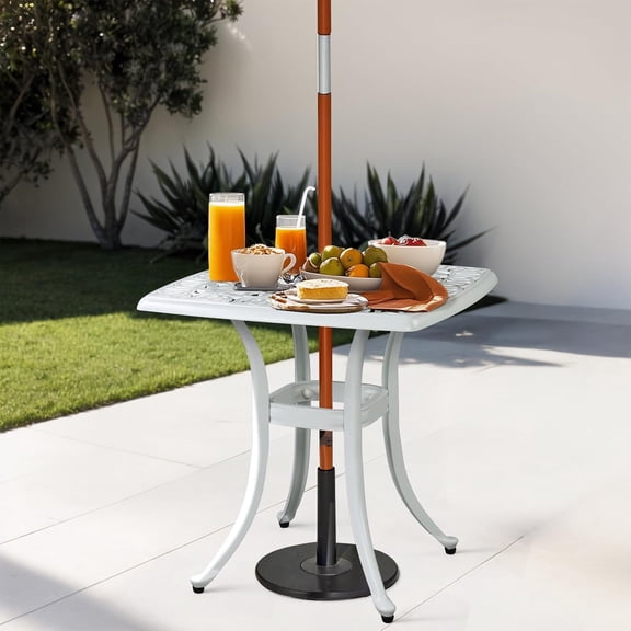 Patio Side Table, 21.3in Outdoor Square Cast Aluminum Bistro Table with Umbrella Hole and Antique Design for Backyard Porch Pool Balcony Deck White