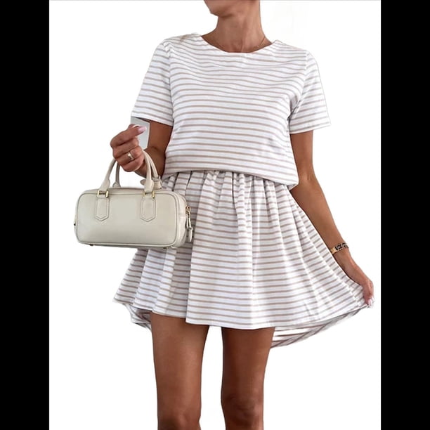 Vestidos de Verano A Rayas para Mujer 2025, Cuello Redondo, Corta, Bloque de Color, Vestido Informal Tipo Camiseta, Corte A. Albaricoque M