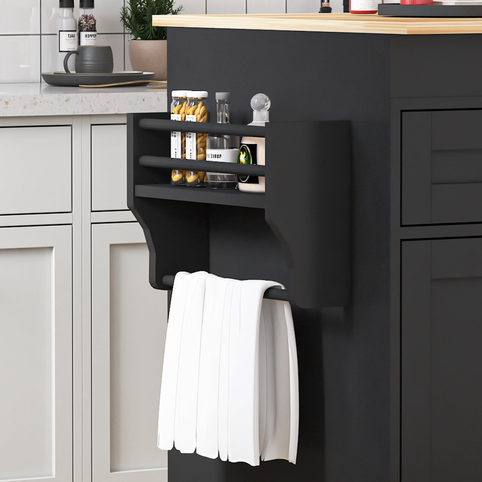 JassmiPkwy 77.8 " Rolling Kitchen Island with Extendable Dining Table, with Wheels, Sided Storage Shelf, Black