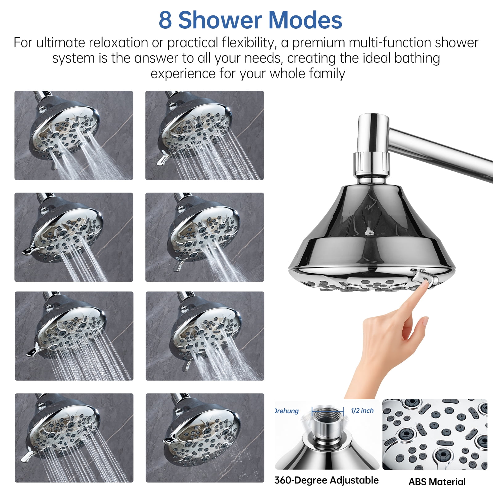 Joyrain Multi-angle adjustable showerhead& Handheld High-pressure 8 Spray Modes Shower Head, Rain Shower Combination with 90° Adjustable Extension Arm