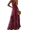 thumbnail image 6 of Red Women Bohemian V-Neck High Waist Floral Print Maxi Dress With Spaghetti Straps For Summer Beach Party, 6 of 8