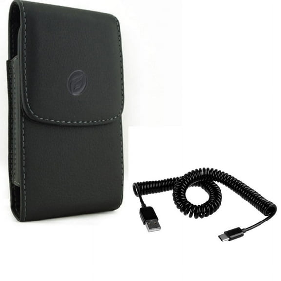 Coiled USB Cable w Leather Case Belt Clip for Samsung Galaxy S21 Ultra/S20 Ultra/Plus - Type-C Charger Cord, Holster Cover Pouch B1V