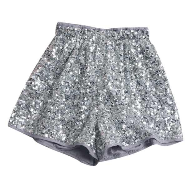 Pantalones cortos de mujer con lentejuelas, cintura alta y pierna ancha - Ropa de fiesta informal y elegante con cintura elástica, tallas S-XL