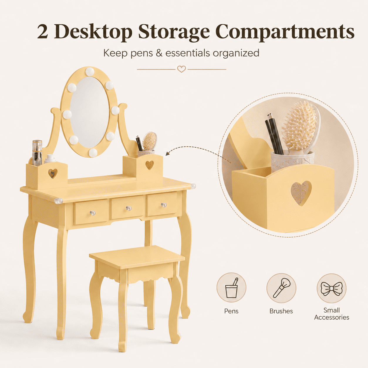Ktaxon Kids Play Makeup Vanity Set with 3-Color Light, Girls Vanity Dresser Desk with Matching Stool, Light Orange