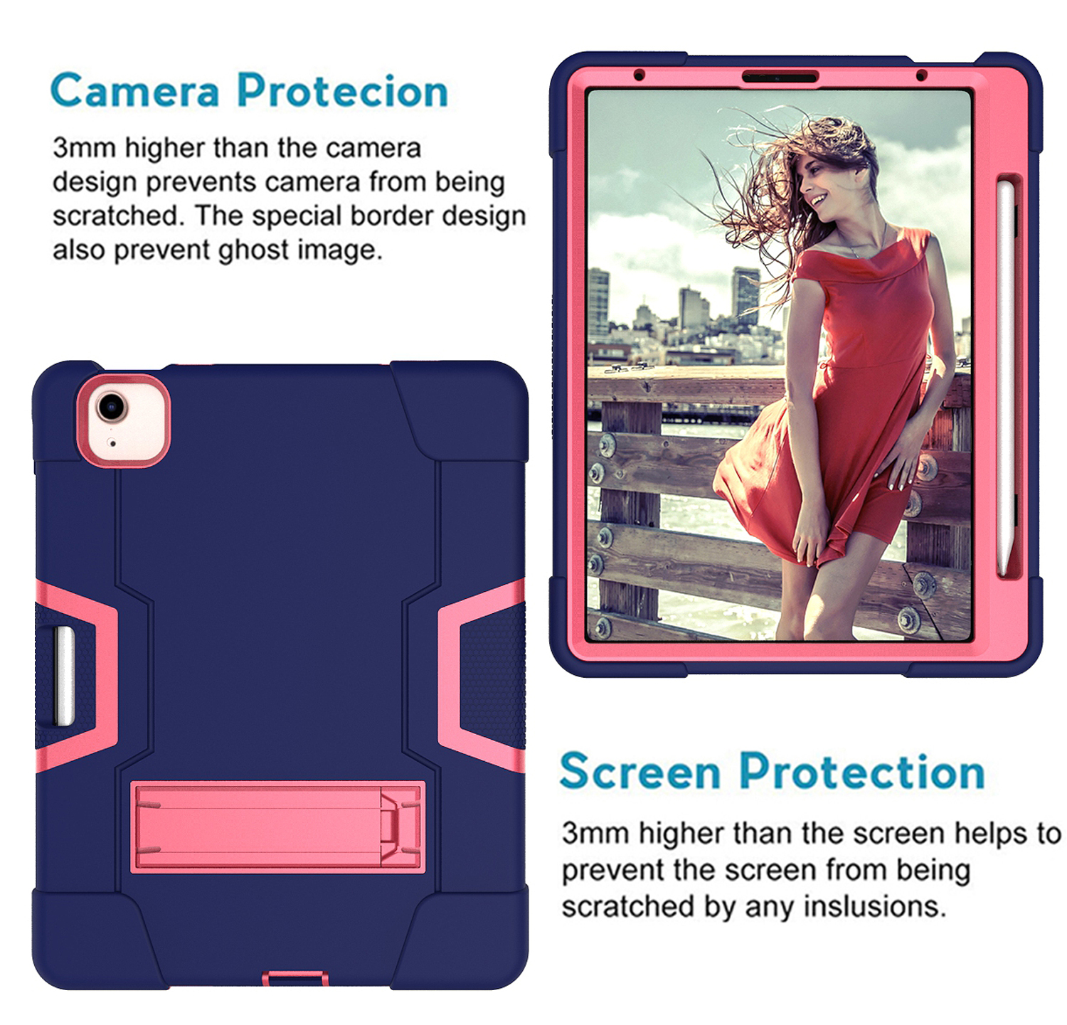 Allytech iPad Air 5 Case 2022, iPad Air 4 Case 2020, Heavy Duty Protection Shockproof Build In Kickstand Pencil Holder Kids Friendly Case for Apple iPad Air 5th 4th Generation, BlackNavyblue/Rose
