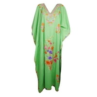 Mogul Women Green Loose Maxi Dress Kaftan Embellished Cotton Floral Embroidered Lounger Resort Wear Caftan Housedress 4XL