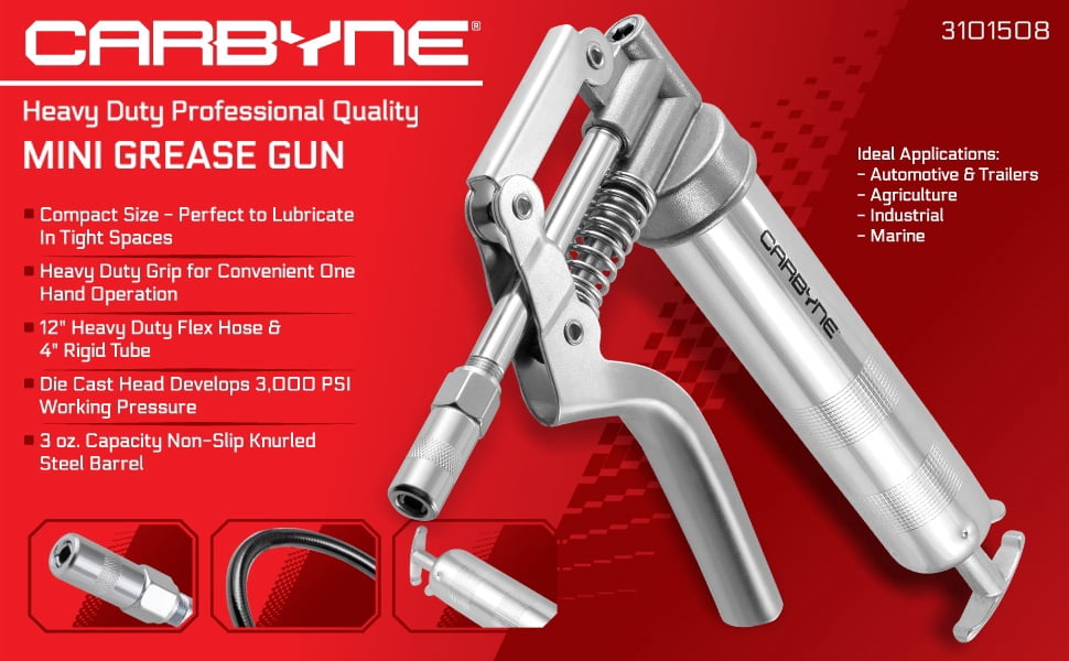 Carbyne Mini Grease Gun, Pistol Grip, 3000 Psi, Knurled Steel Barrel, 12 in. Flex Hose, 4 in. Rigid Tube, Coupler, 2-Way Loading, 3 Oz Capacity
