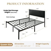 Sha Cerlin Black Queen Size Metal Platform Bed Frame with Leather Headboard & Underbed Storage, Adult