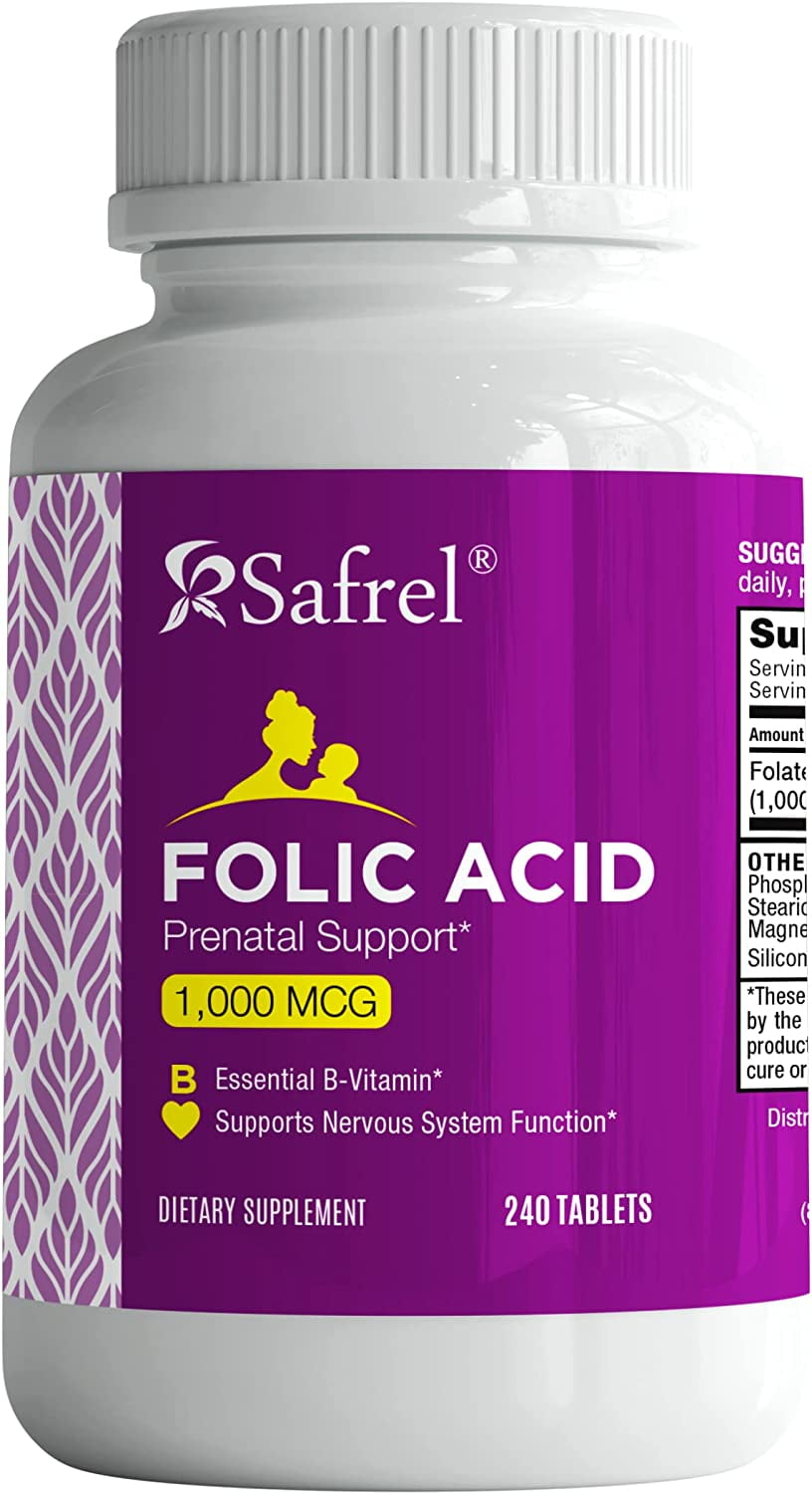 Safrel Folic Acid 1000 mcg (1 mg) - Vitamin B9 - 240 Tablets , Essential Prenatal and Postnatal Vitamin for Fetal Development, Red Blood Cell Production, Cell and Neural Development | Non-GMO, Vegan