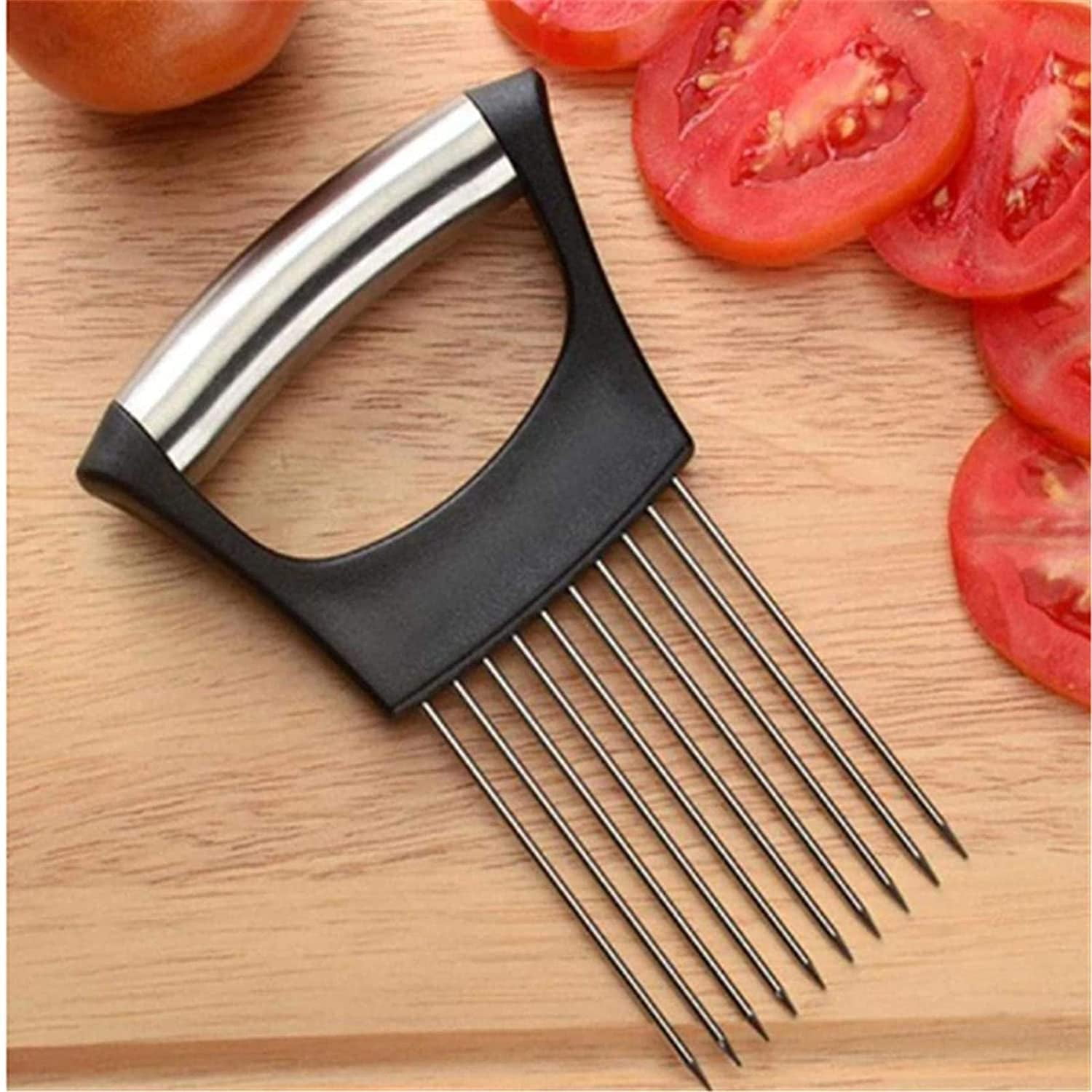 2Pcs Black Onion Cutting Tool Stainless Steel Onion Holder for Slicing,Food Slice Assistant Onion Holder Slicer,Assistant Slicers Stainless Steel Vegetable Rack Slicers Meat Slicers Onion Holder 