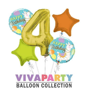 Happy Birthday Llama Round Balloon Bouquet 5 pc, 4th Birthday, Gold Number 4 Jumbo Balloon | Viva Party Balloon Collection