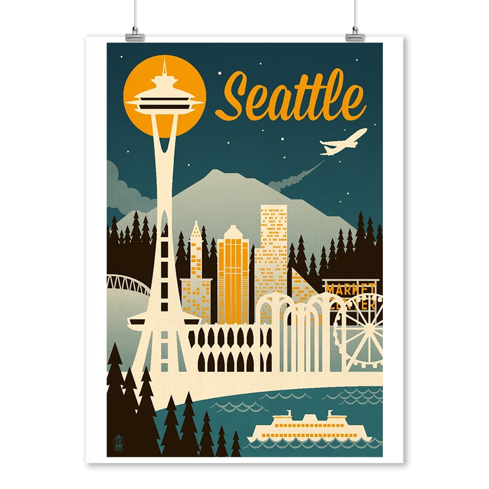 Seattle, Washington Retro Skyline (9x12 Art Print, Wall Decor Travel