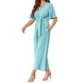 thumbnail image 3 of Summer V-neck Womens Wide Leg Jumpsuits Short Sleeve Tie Knot Front Long Romper, 3 of 6