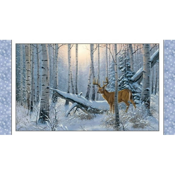 24.5" X 44" Panel Whitetail Deer Woods Forrest Scenic Landscape Winter Sunrise Blue Cotton Fabric Panel (7904SNOW)