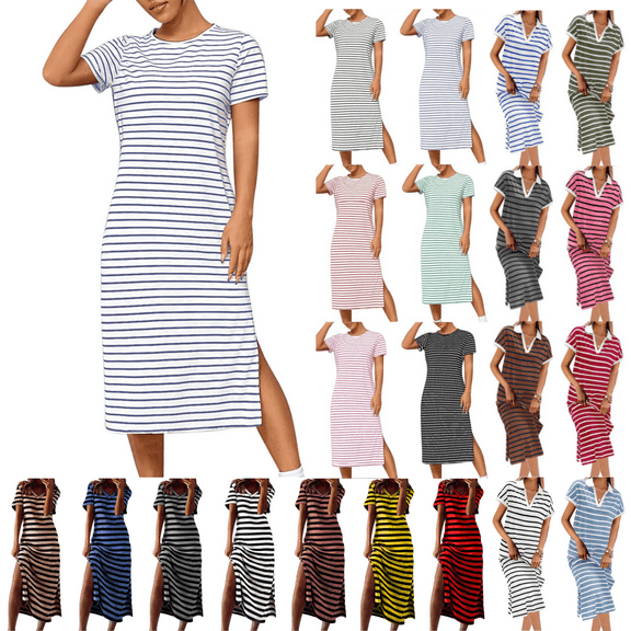 Odbmxy Women Midi Dress Short Sleeve T-Shirt Women Plus Dresses Daytime Pockets Striped Casual Relaxed Fit Dresses,Blue XL