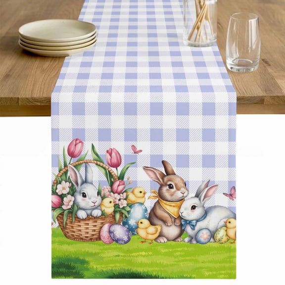 Easter Bunny Table Runner 48 Inches Long Farmhouse Dress Scarves, Cute Rabbits Chickens Flowers Rustic Purple Plaid Dining Tablerunner for Coffee Table/Kitchen Island/Party Décor, 13" x 48"