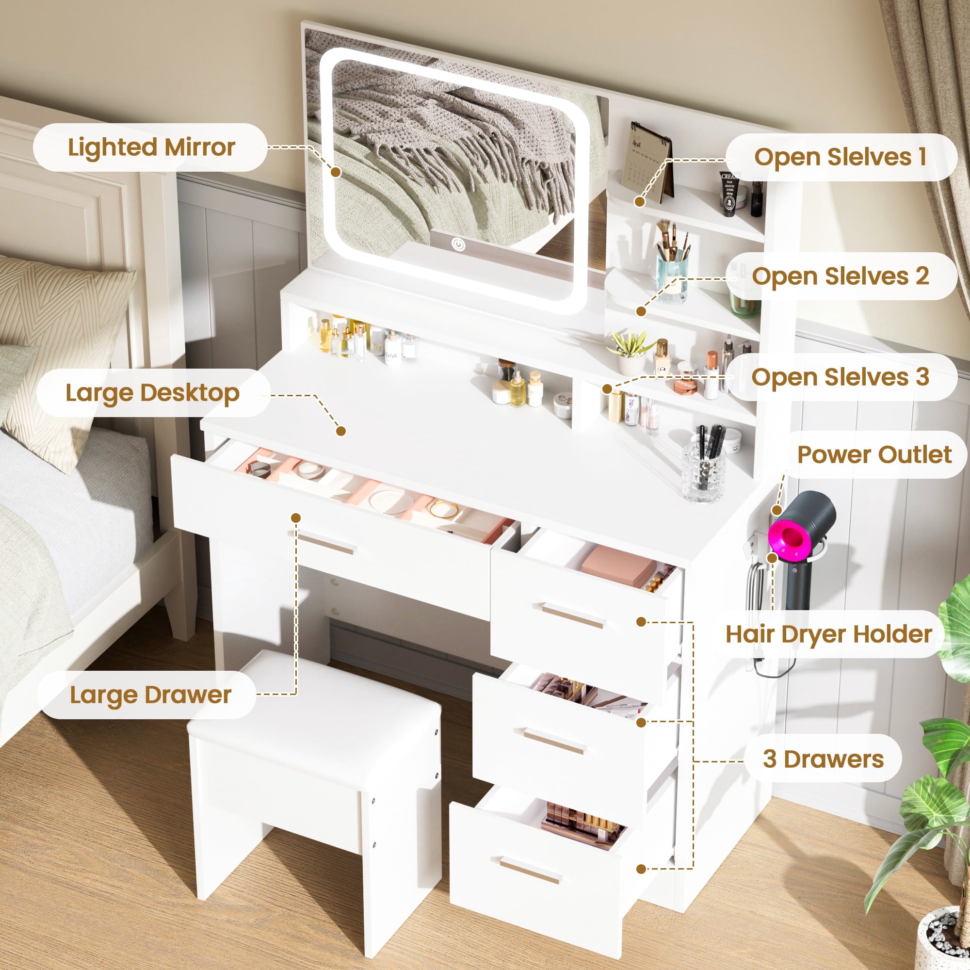 LIVELYGLOW Vanity Set with Stool,Smart LED Mirror Makeup Vanity Set with Power Outlet,Vanity Dressing Table for Bedroom,White
