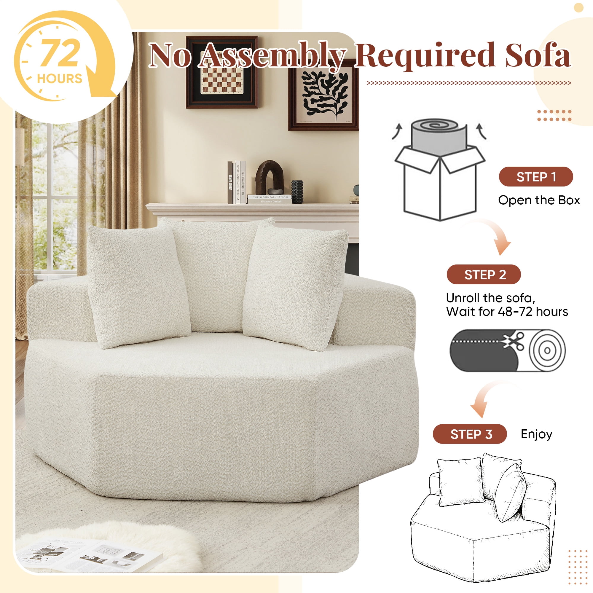 Lunale Oversized Boneless Chaise Lounge Chair Indoor, Round Cloud Couch, Accent Reading Chair for Living Room, Bedroom, Beige Chenille