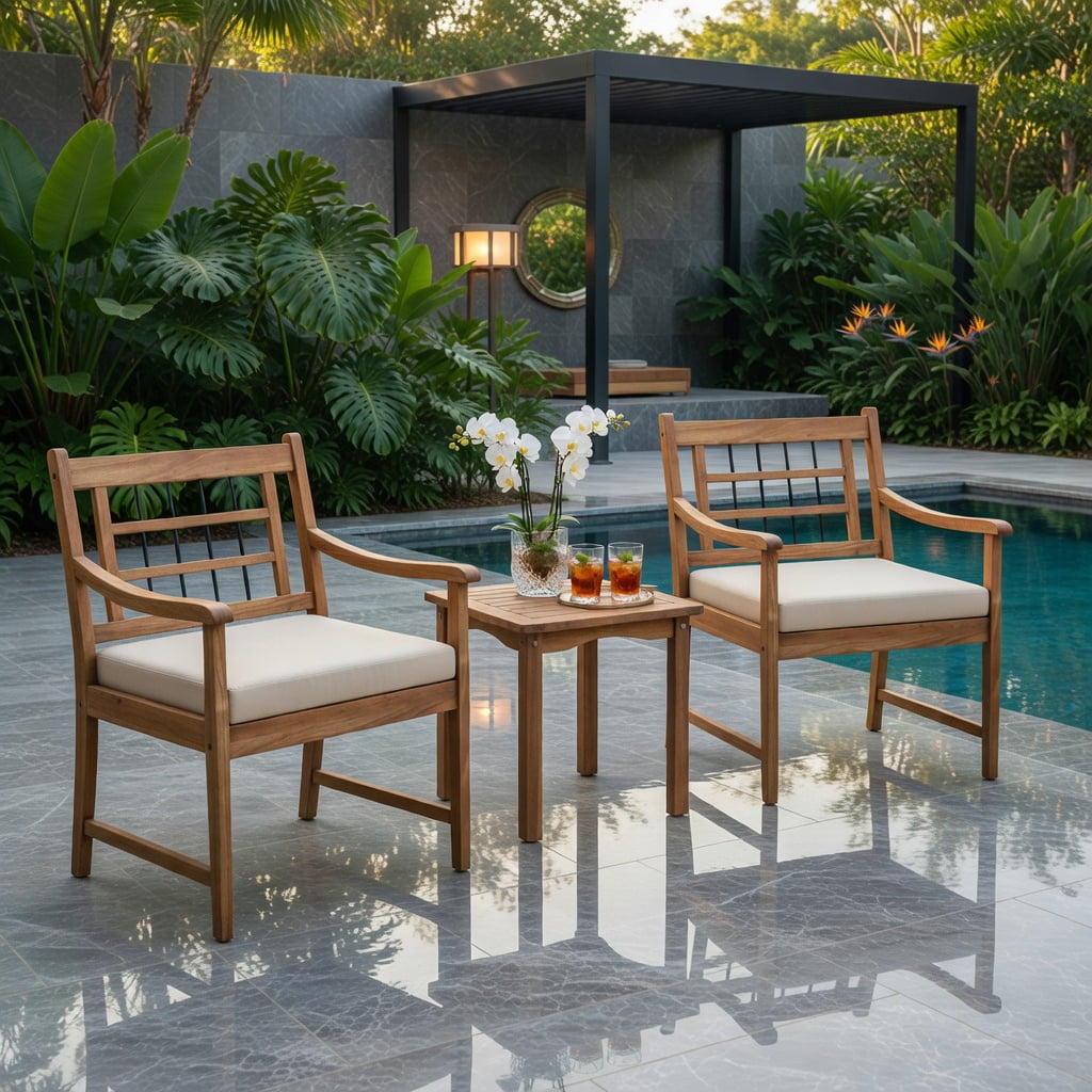 Hommoo 3-Piece Acacia Wood Patio Furniture Set, Outdoor Chair Set with Ergonomic Slatted Design & Matching Coffee Table for Backyard, Poolside, Balcony, White
