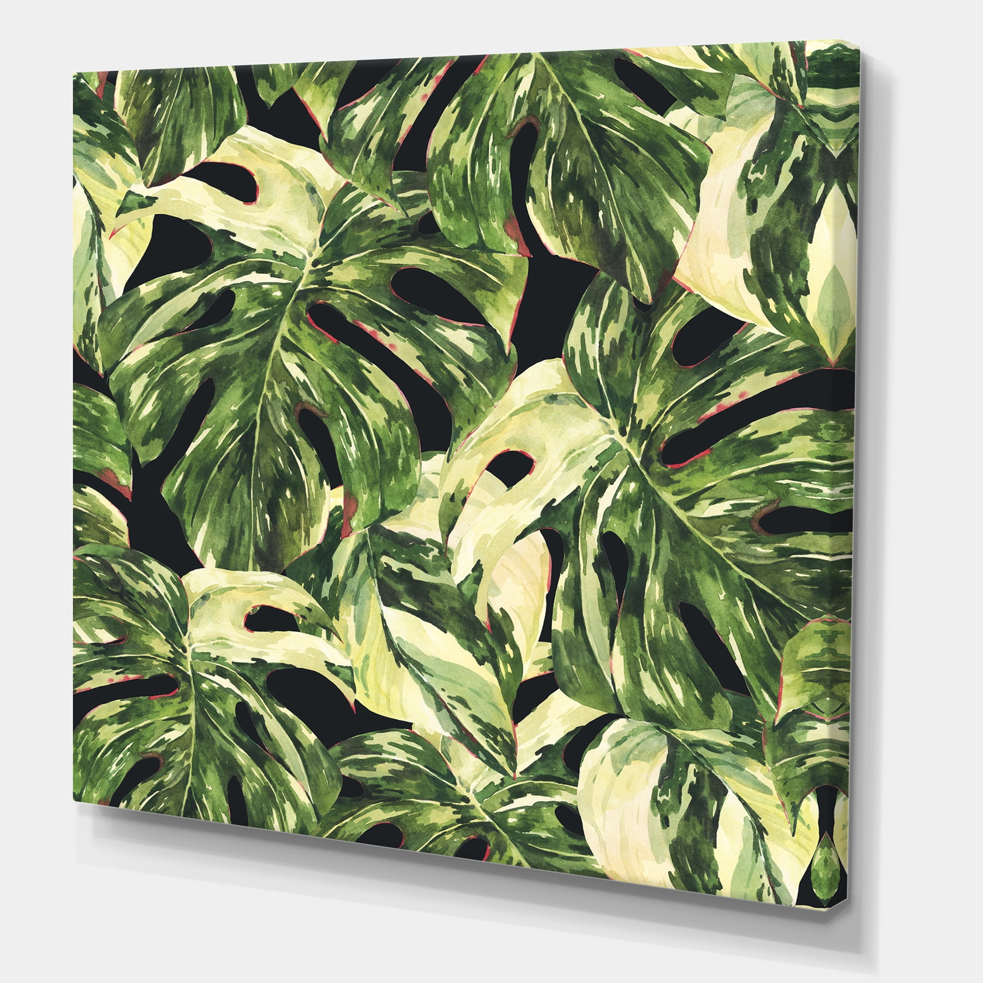 Natural Green Leaves Exotic On Dark II 16 in x 16 in Painting Canvas Art Print, by Designart