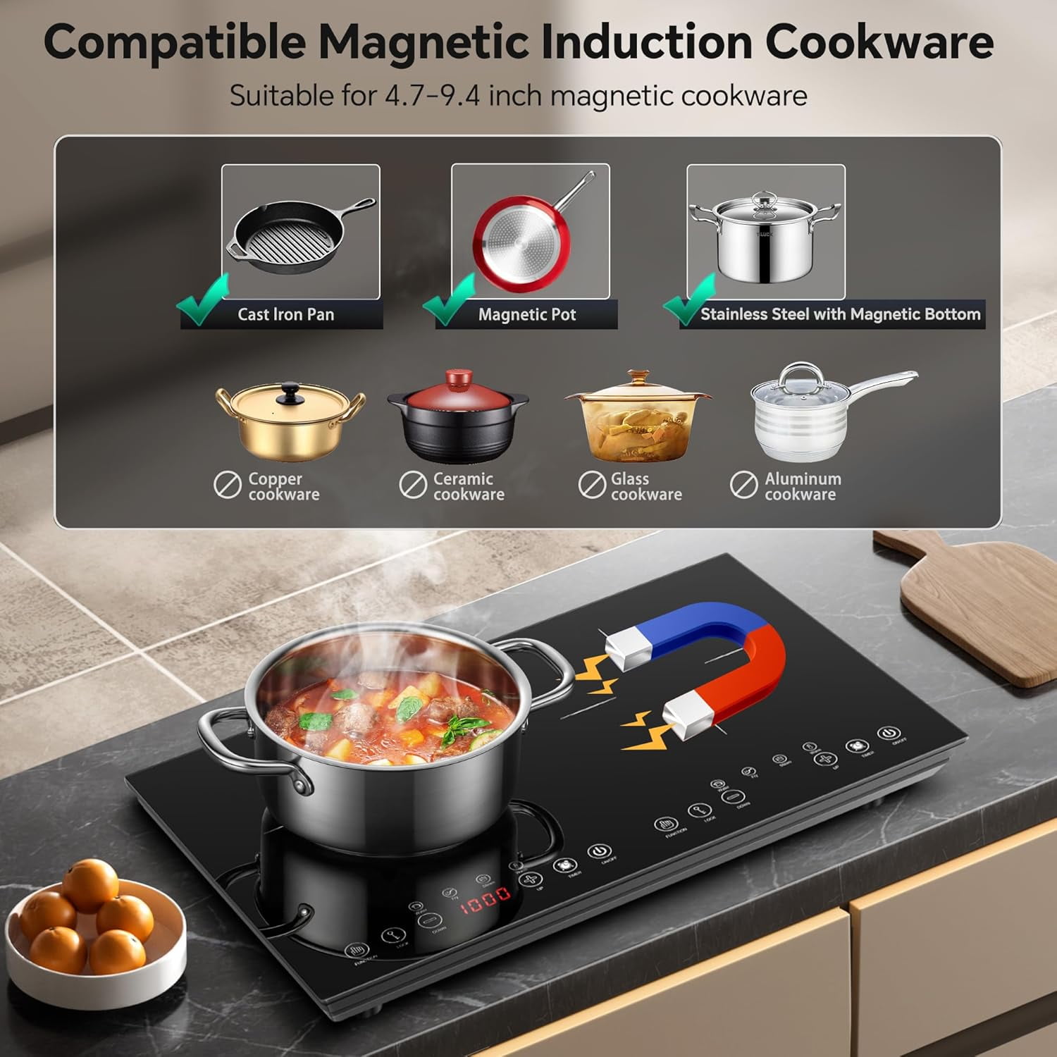 Portable Induction Cooktop 2 Burner - 1800W Double Induction Cooker with 8 Power Settings, 4 Pre-Set Modes, Ultra Thin Design, Sensor Touch Control, Child Safety Lock & Timer | Electric Cooktop