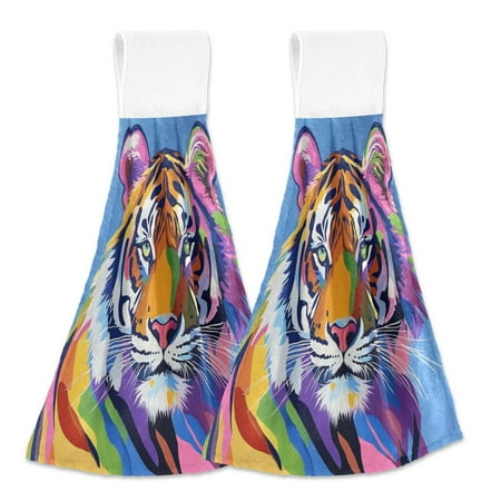 2 Bathroom Towels Kitchen Towels 18.2x14In Velcro Hand Wipes Dish Cloths & Dish Towels Washroom Towels Face Towel Hand Wipes Rainbow Tiger Pattern