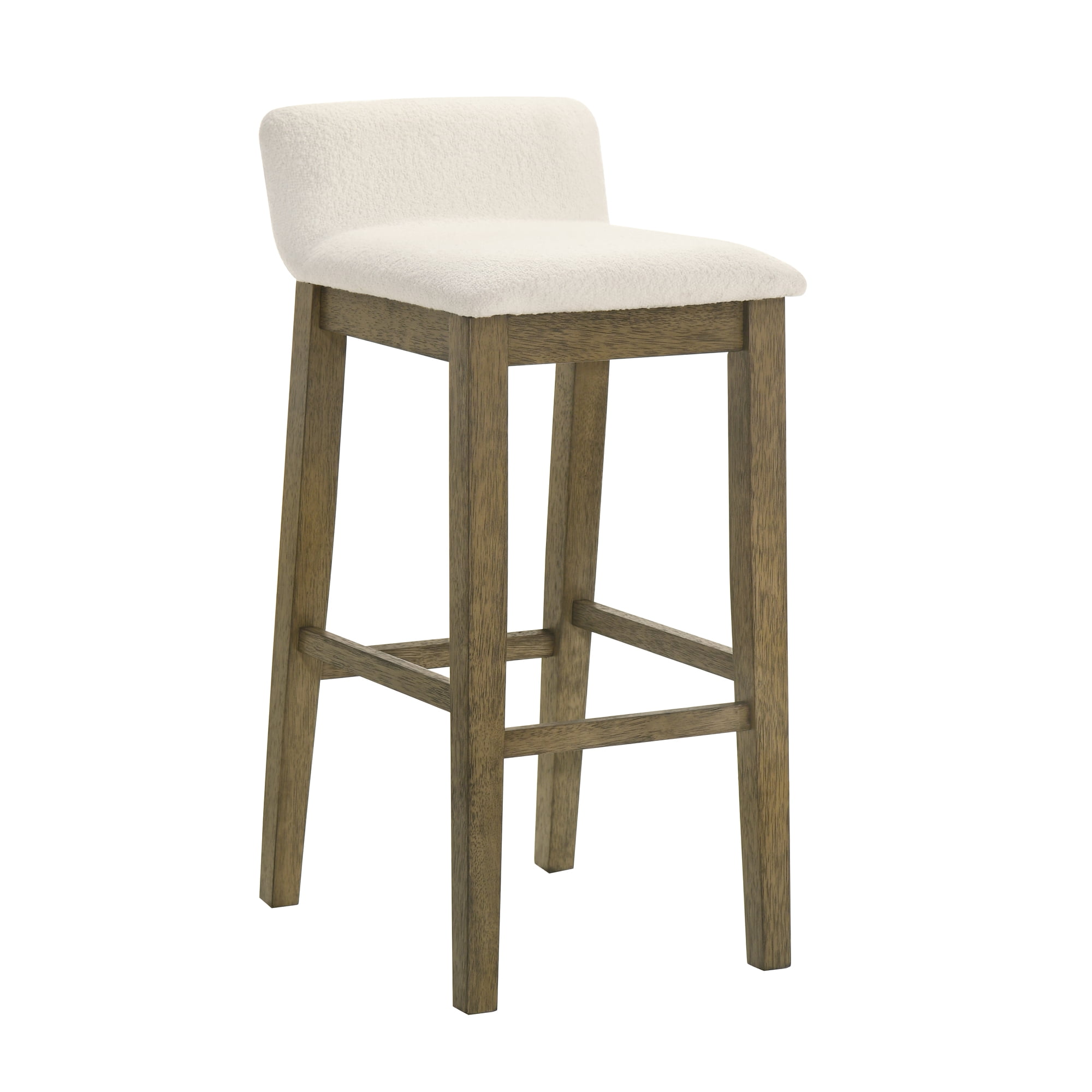 Annikah Modern Transitional Wood Bar Height Kitchen Bar Stool in Putty Brown Finish with White Boucle Fabric Upholstered Seat