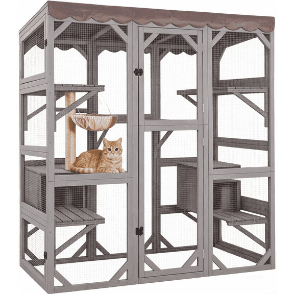 Aivituvin 70" Large Catio Outdoor Cat Enclosure, Window Catio Wooden Cat House Walk-in Cat Cage with 7 Platforms, Scratch Post, Hammock for 2-6 Cats