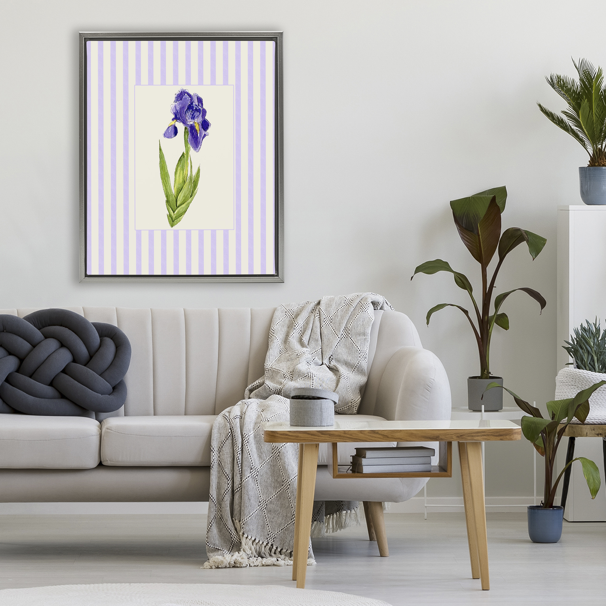 Purple Stripe Iris Gray Framed Floater Canvas Wall Art, design by Lisa Wehmeyer