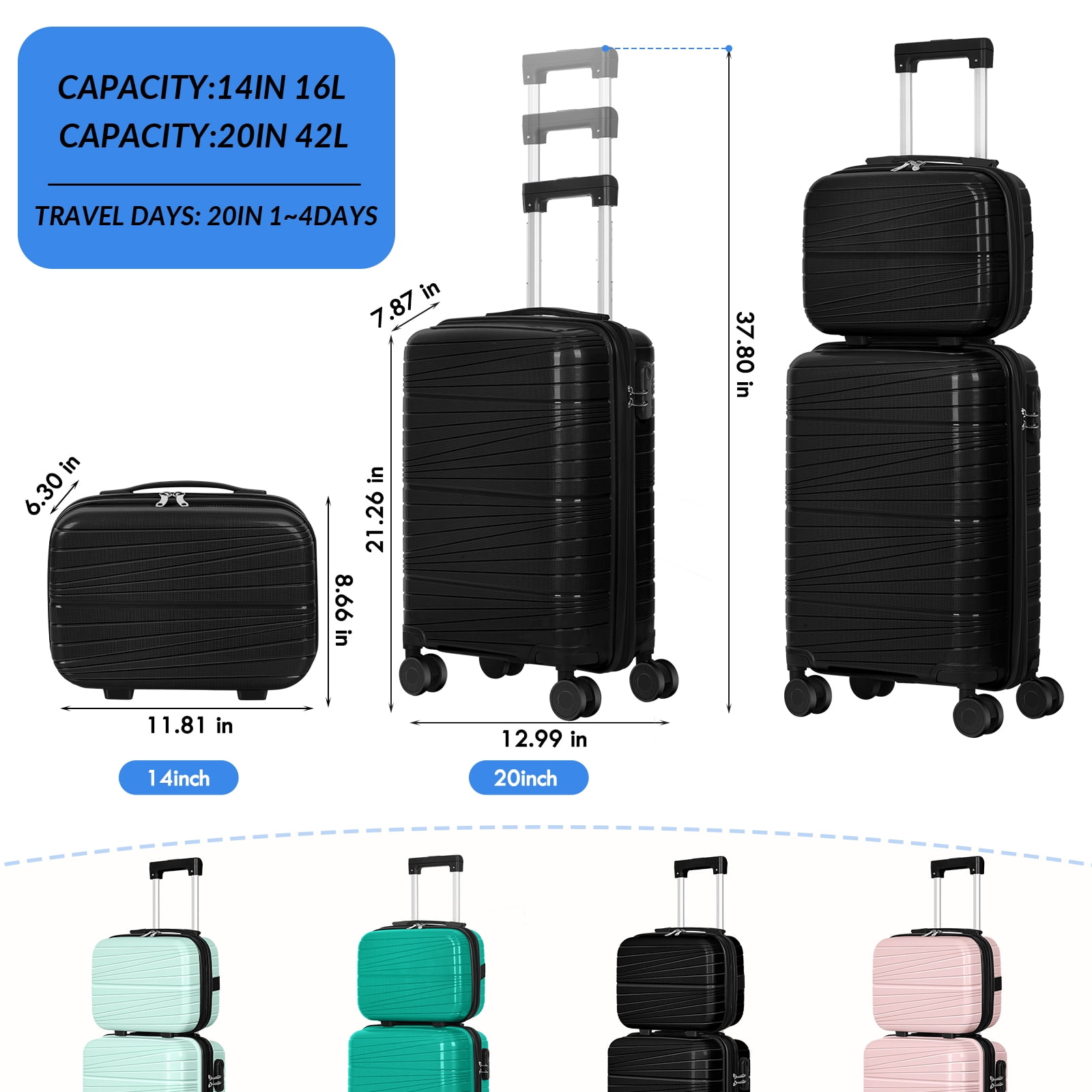 Travel Business Trip Slanted Stripe Luggage Set PP 2 Piece (14"+20") Black