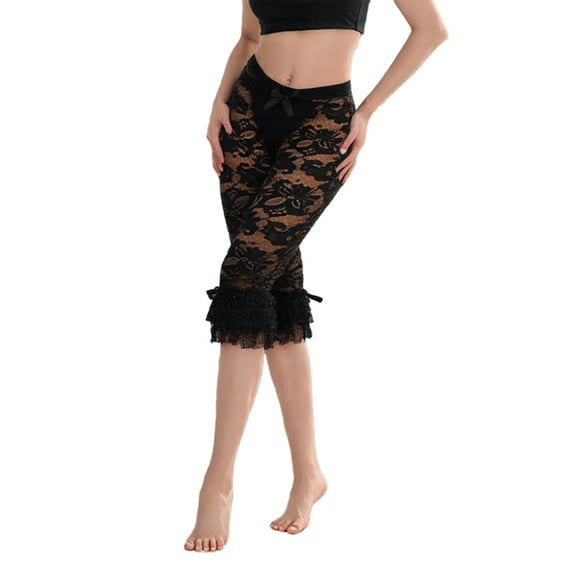 Rdhnmea Women Lace Ruffle Capri Leggings Sheer Mesh See Through Pants