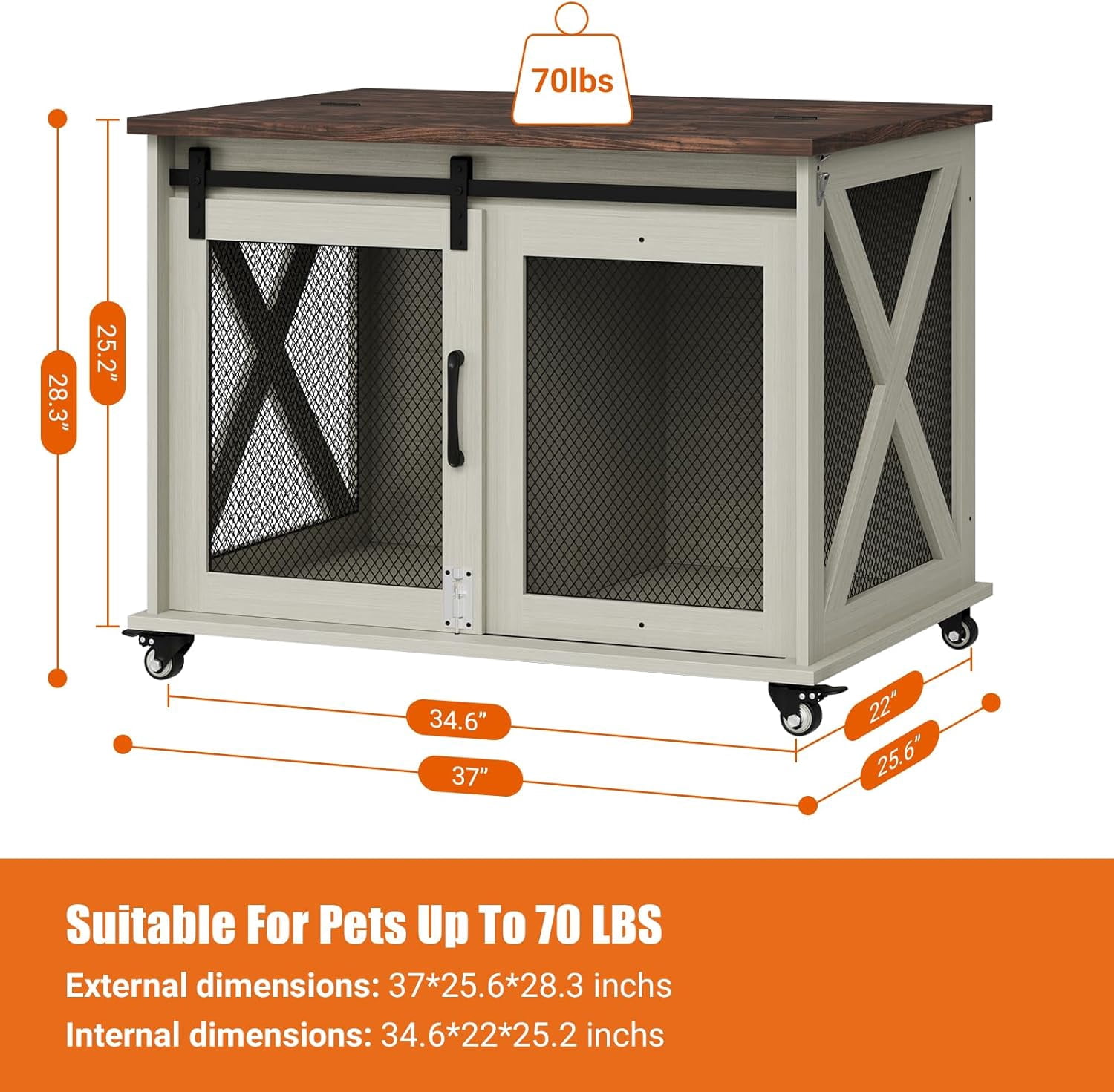 Studyset Dog Crate Furniture with Flip Top, 37" Dog Cage Furniture with Sliding Barn Door, Wheels and Removable Divider, Furniture Style Dog Crate Table, Indoor Dog Kennel for Large Dogs