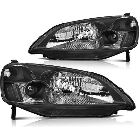 ECCPP Headlight Assembly Direct Replacement For Honda Civic 2001-2003 Headlamps Black Housing Clear Reflector Clear Lens Left Right Side