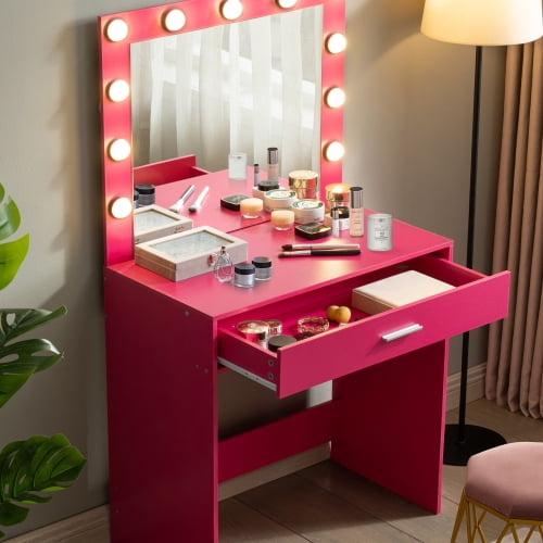Vanity Desk with Mirror and Lights, Dressing Table with Large Drawer, 1 Level Storage Dresser & 3 Lighting Modes Adjustable Brightness, Suitable for Girls (Pink)