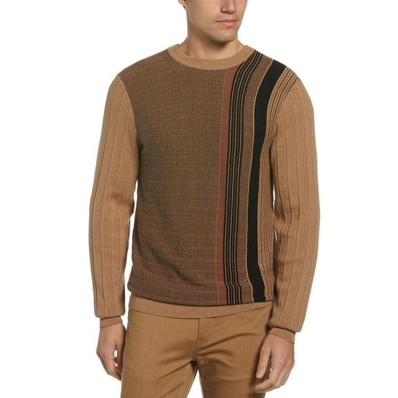 Perry Ellis Big & Tall Placed Vertical Stripe Textured Crewneck Sweater, Camel Heather, Size 3XLT