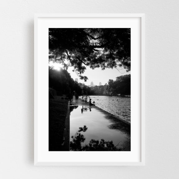 BARTON SPRINGS - Austin Texas Photography Black and White Summer Scenic Landscape Nature White Framed Wall Art Print 12 x 18 inches