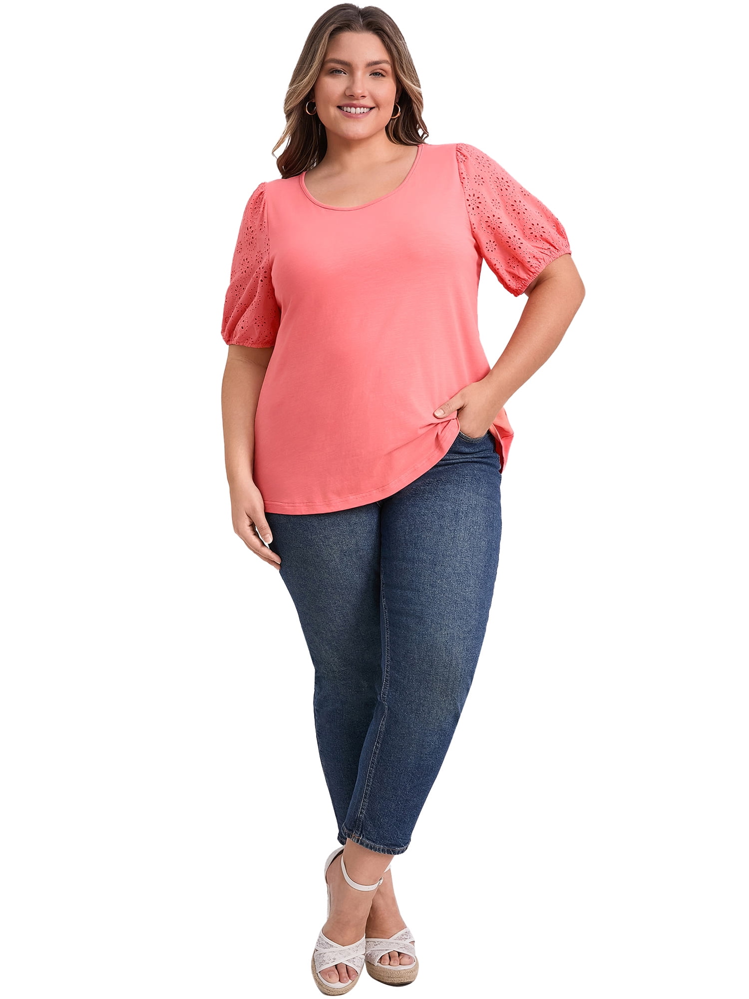 DARING DIVA Women's Plus Crew Neck Embroidered Short Sleeve Blouse 4X Coral Red