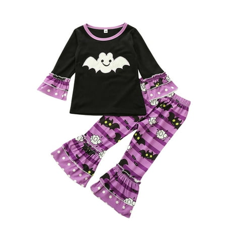 

Canrulo Toddler Baby Girls 2Pcs Halloween Outfits Ruffle Long Sleeve Cartoon Bat Tops Flare Pants Clothes Black Purple 4-5 Years
