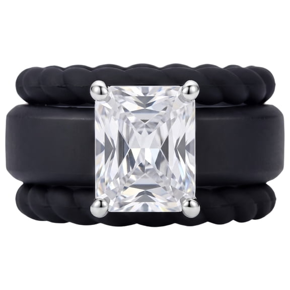 Flydeer Silicone Rings for Women 3PCS Radiant Cut Solitaire Engagement Ring 5A CZ Twisted Braided Rubber Bands Black Stackable Wedding Band Size 7