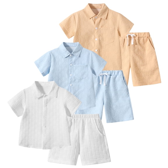 Fdqin Boys Summer Outfits 6 Pcs Beach Short Sleeve Button Down Shirts and Shorts Vacation Texture Sets for Kids Khaki White Blue 11-12 Years