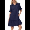thumbnail image 1 of Vestido Camisero de Verano para Mujer, Informal, con Mangas con Volantes, Corte Recto, Minivestido con Bolsillos, Azul Marino, Talla M, 1 of 8