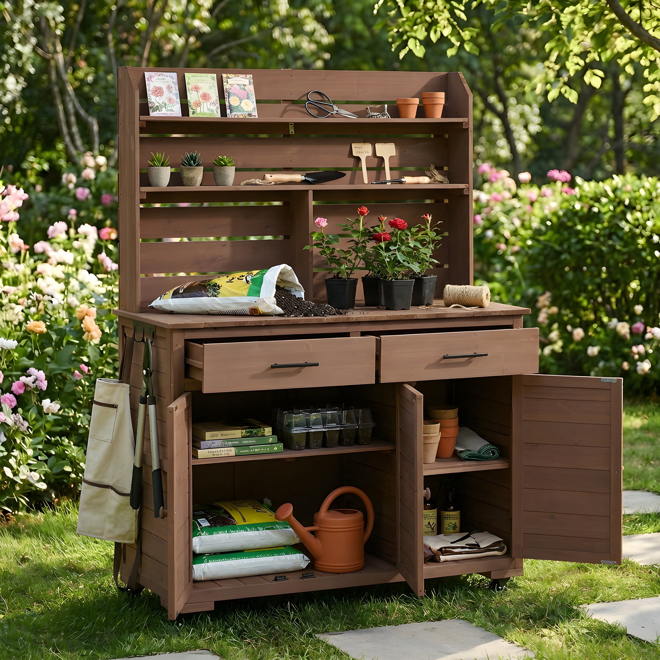Mintazer 65"H Rolling Outdoor Potting Bench with 2 Drawers & Storage Cabinet, Farmhouse Kitchen Island Prep Cart with Hutch Top & Shelves, Brown