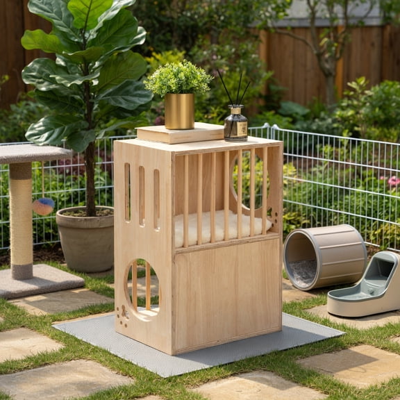 Topcobe 2-tier Wooden Cat Condo Indoor Symmetrical Cat House with Removable Cushions, Cat Condo, Cat Houses for Indoor Cats