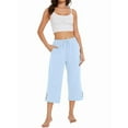 thumbnail image 2 of Women Capris Pants High Waist Drawstring Comfy Casual Pants Casua Loose Trousers Buttons Trim with Pockets Light Blue L, 2 of 9